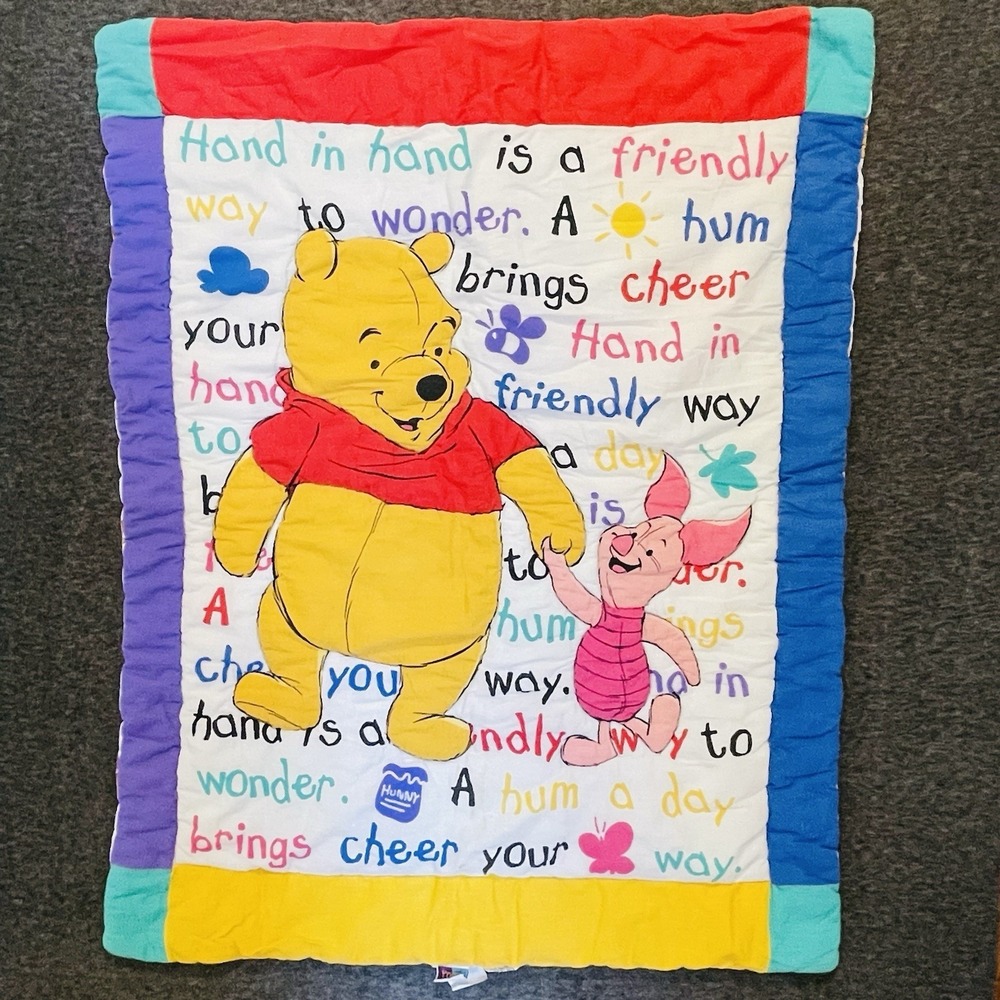 Vtg Winnie the Pooh Piglet Holding Hands Disney Crib Quilt‎ Blanket 1995